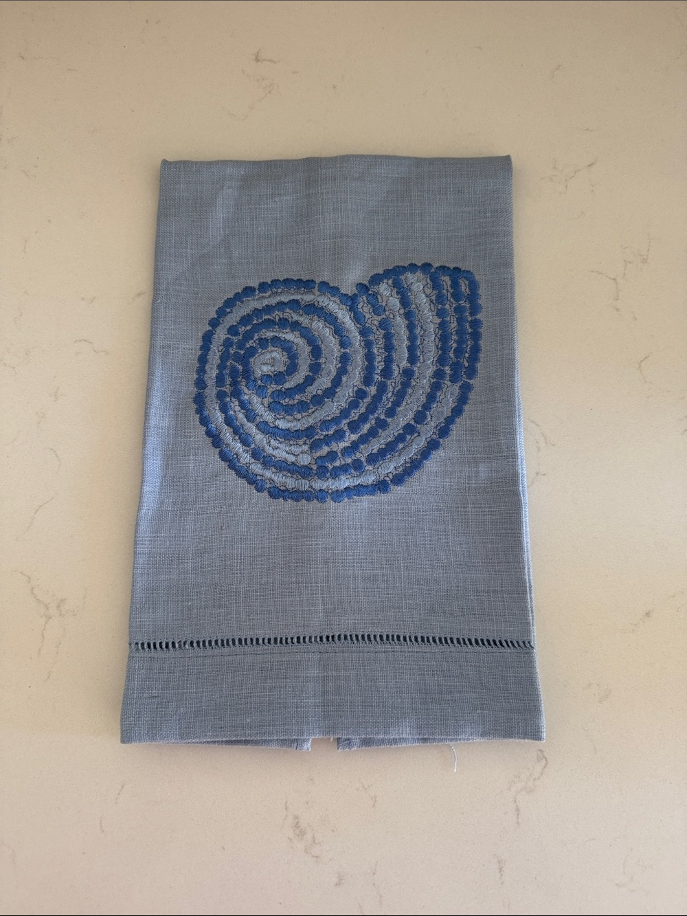 Embroidered Blue Shell Linen Hand Towel NWOT
